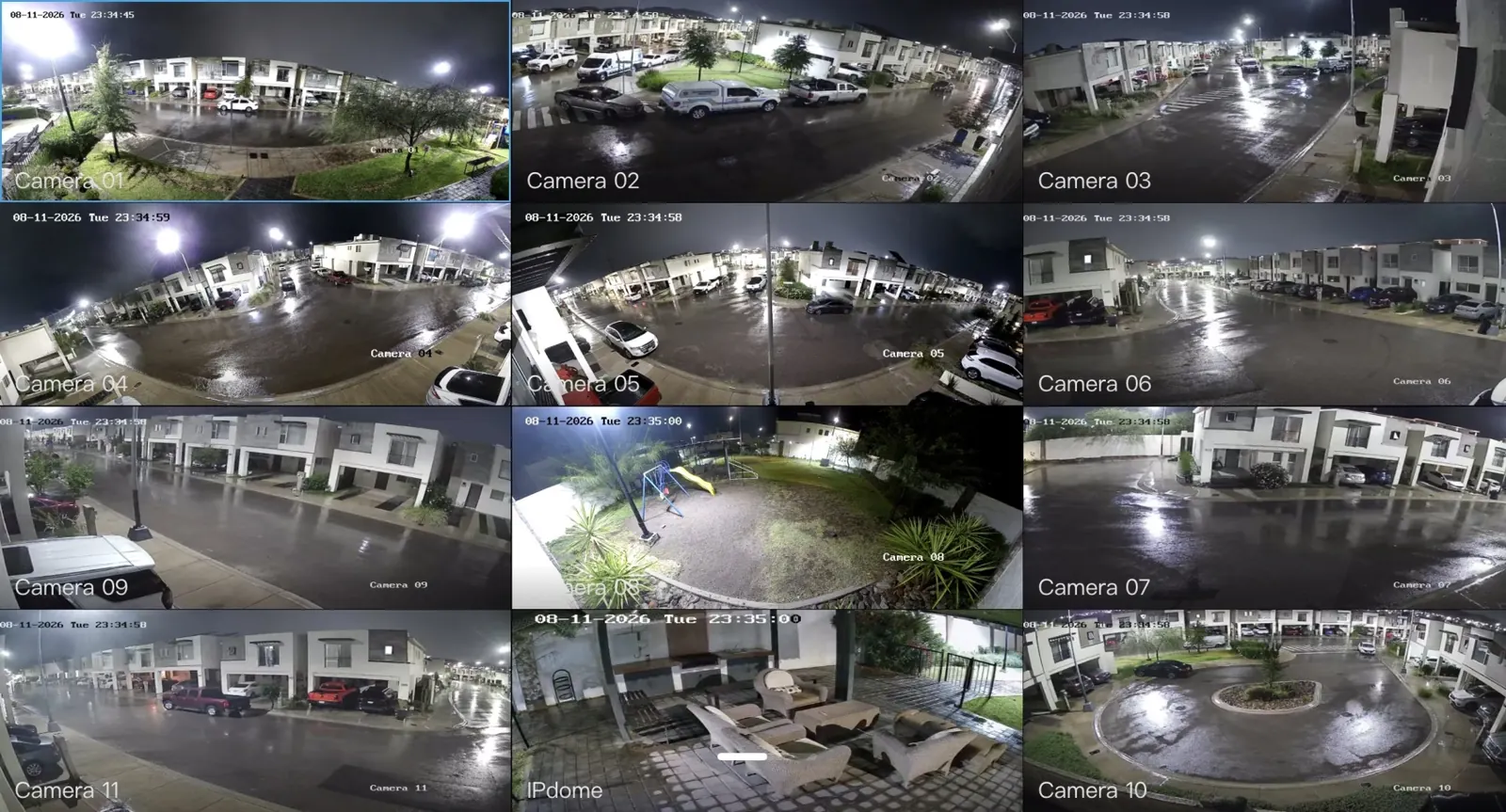 Mosaico nocturno de doce cámaras con visión nocturna cubriendo calles de un fraccionamiento